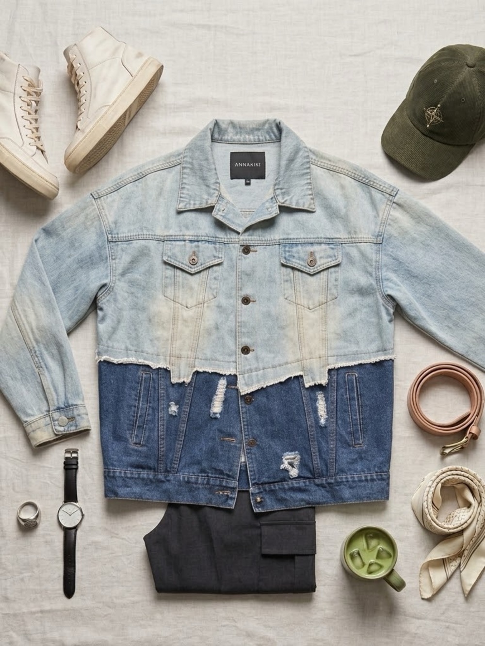 Two-Tone Distressed Denim Jacket - Light Blue & Dark Blue